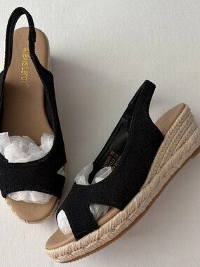 Alexis Leroy Black Open Toe Espadrille Wedge Sandals Size 6.5